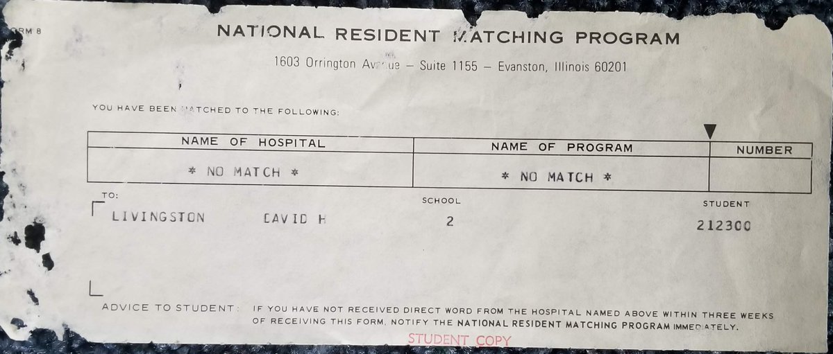 I've shared this previously, but this week is clearly the ideal time. My 'analog' match slip from 1981. Had to get on a phone to get my prelim position at NYU/Bellevue. Outworked other residents and finished. The rest is history. DO NOT DESPAIR AND LET THIS SETBACK DEFINE YOU!!