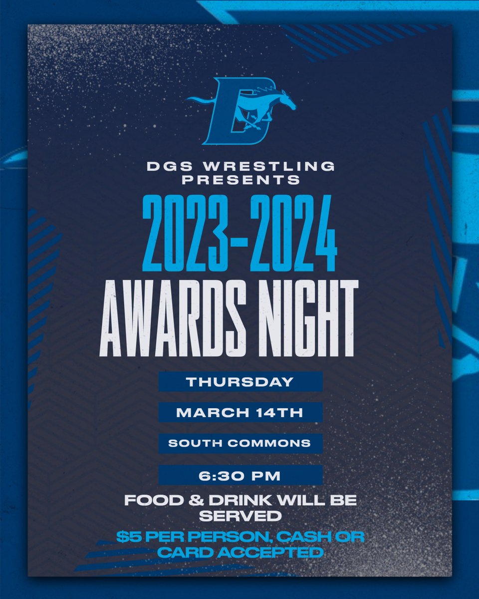 The 2023-2024 DGS Wrestling Awards Night will be held TOMORROW, MARCH 14th at 6:30 PM in the South Learning Commons! We have a lot to celebrate and food/drinks will be served, $5 per person (including wrestlers). #SOUTHSTRONG