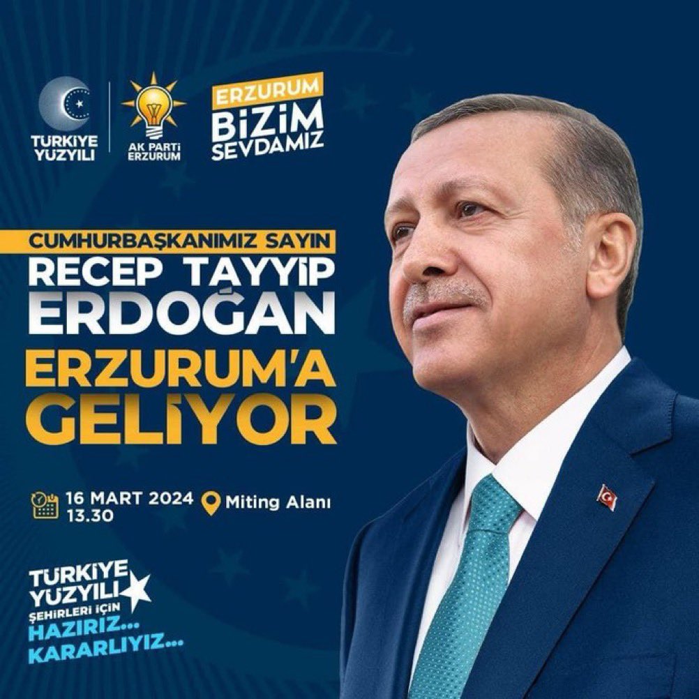 Cumhurbaşkanımız Sayın @RTErdogan memleketim Erzurum’a geliyor. 🗓️ 16 Mart Cumartesi ⏰ 13:30 📍 Yeni Miting Alanı