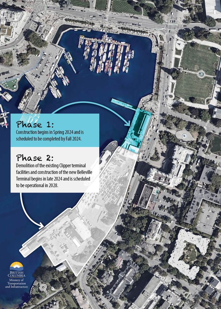 Early works have begun for the Belleville Terminal Redevelopment Project, in #YYJ. There will be closed pedestrian access along the causeway and a large temporary structure, this spring. No impact to Clipper and Coho ferry sailings. More: bit.ly/3wVayK3
