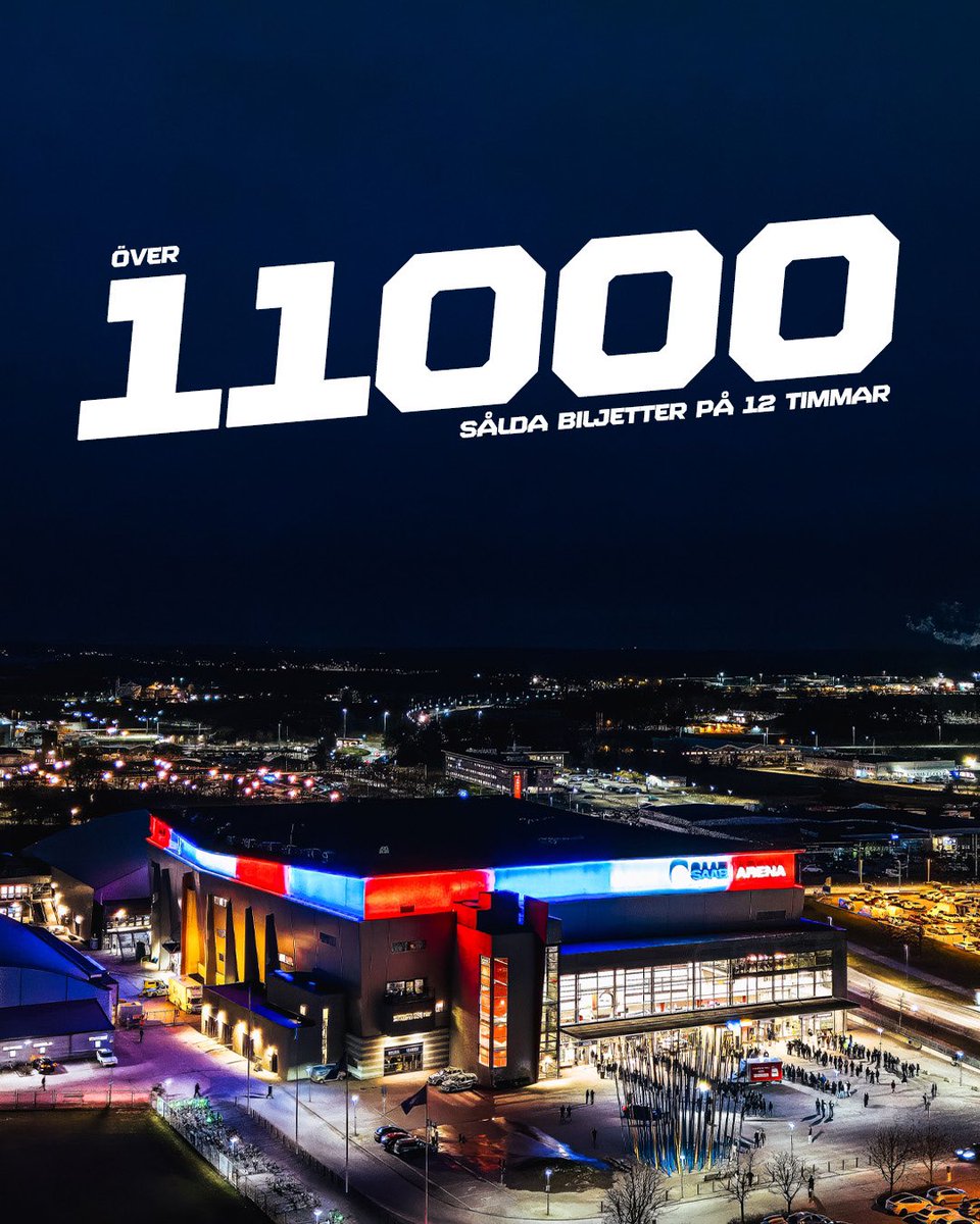 LHChockey's tweet photo. Över 𝟭𝟭 𝟬𝟬𝟬 sålda biljetter på 12 timmar till de två första kvartsfinalerna i Saab Arena!

Nu lägger vi in nästa växel, mot 16 380 🔥 https://t.co/C7lHfkxLLY