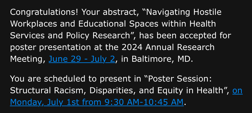 taybrogers's tweet image. Remember the HSPR Workplace Culture Study?! You may have completed the survey or were a focus group participant back in 2020-2021?

I'll be presenting the findings of the focus groups at #ARM24 in the Poster Session on Structural Racism, Disparities &amp;amp; Equity in Health!