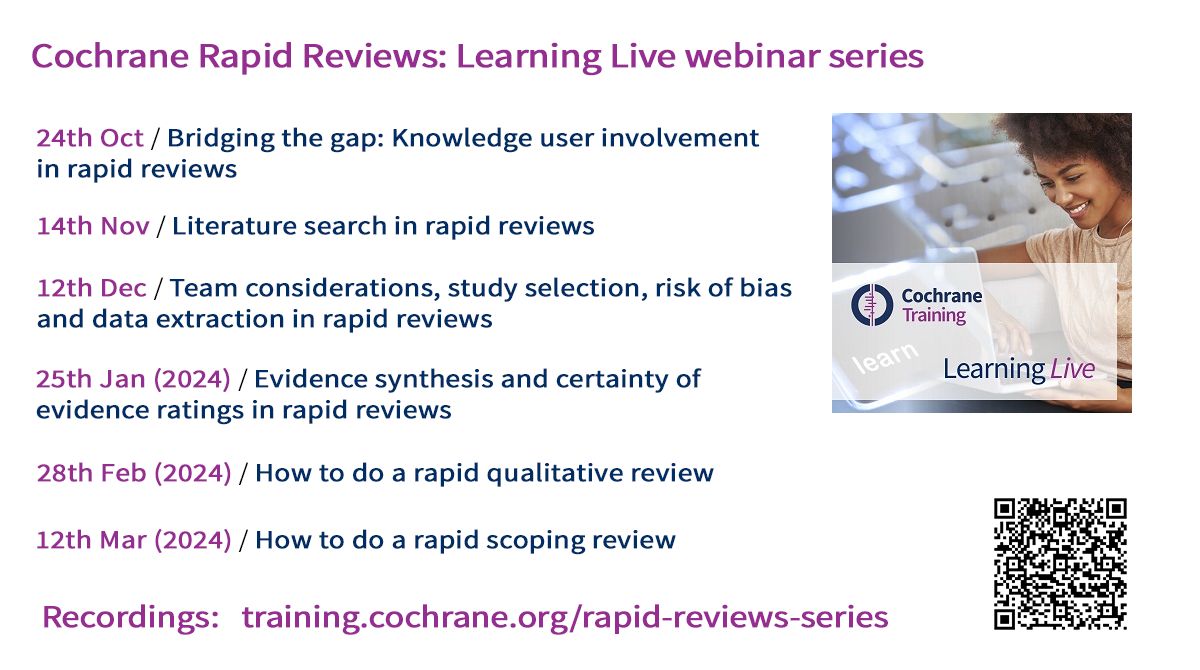We'd like to thank all presenters & @CochraneRRMG for an excellent #cochranelearninglive series on Rapid Reviews! We're delighted 668 people attended at least 1 webinar & 1,254 registered to at least 1 webinar in the series. Recordings at buff.ly/3ZoomXw  @cochranecollab