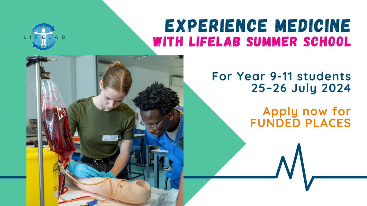 *Funded places* available for budding medics in Years 9-11 on our Experience Medicine with LifeLab Summer School running 25-26 July 2024 at @UHSFT. More info: southampton.ac.uk/schools-colleg…. Apply on lifelab@soton.ac.uk. #Medicine #WeAreUoS #GCSEs2024