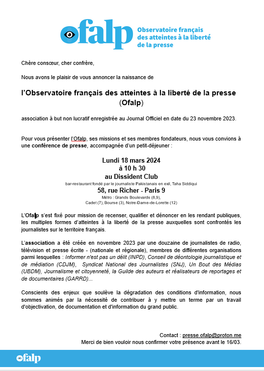 Très fière de lancer l'Observatoire des atteintes à la liberté de la #presse ac des journalistes issus de  <a href="/SNJ_national/">SNJ - premier syndicat de journalistes</a> <a href="/conseildeonto/">CDJM</a> <a href="/unboutdesmedias/">Un Bout des Médias</a> <a href="/LaGarrd/">La GARRD</a> <a href="/LesAssises/">Assises du Journalisme</a> <a href="/Splannenquetes/">Splann ! Lanceur d'enquêtes</a> <a href="/Mediacites/">Mediacités</a> <a href="/INPD/">INPD@MWCC</a>. RECENSER &amp; SIGNALER les entraves pour mieux VOUS informer ! @ofalp87699