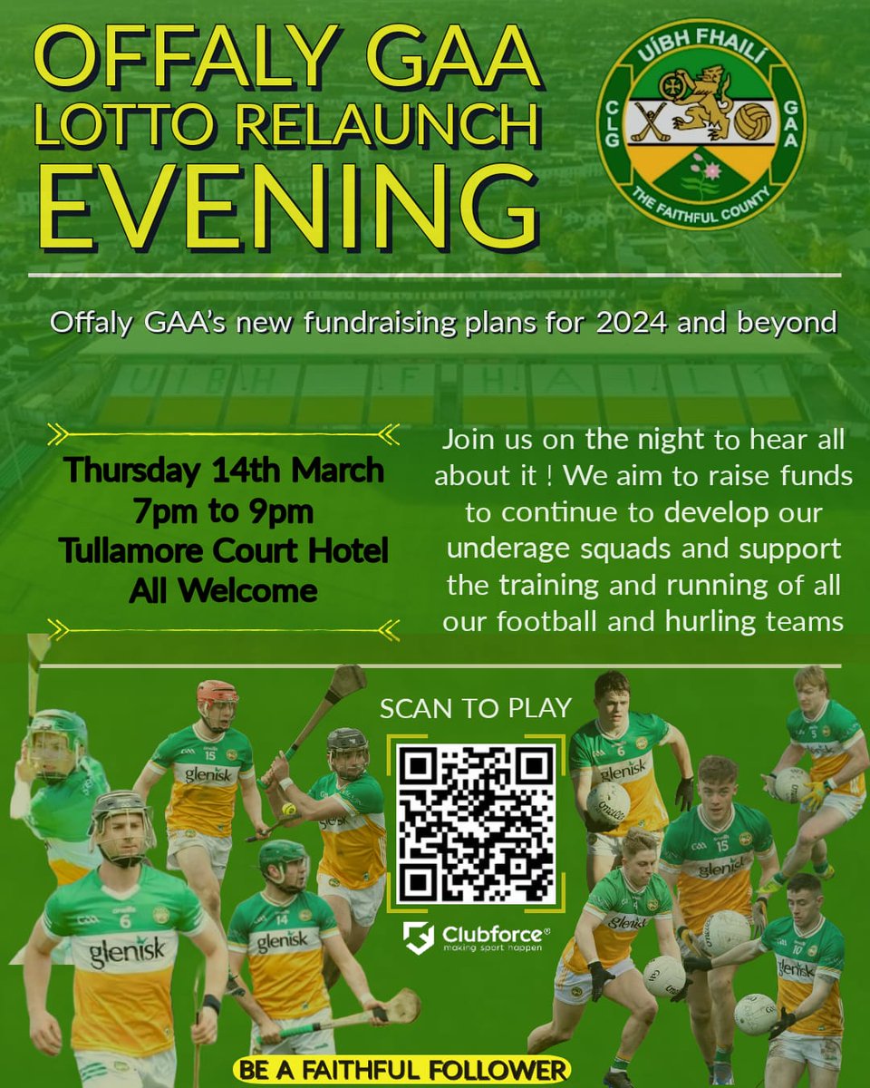 𝙊𝙛𝙛𝙖𝙡𝙮 𝙂𝘼𝘼 𝙇𝙤𝙩𝙩𝙤 𝙍𝙚𝙡𝙖𝙪𝙣𝙘𝙝 

The draw will be held live on Facebook tomorrow evening Thursday 14th. 

If you are around the Court Hotel tomorrow evening, call in for a cup of tea and a chat. All welcome.

🔥 𝗝𝗮𝗰𝗸𝗽𝗼𝘁 €𝟐𝟎,𝟎𝟎𝟎 🔥

Click here to