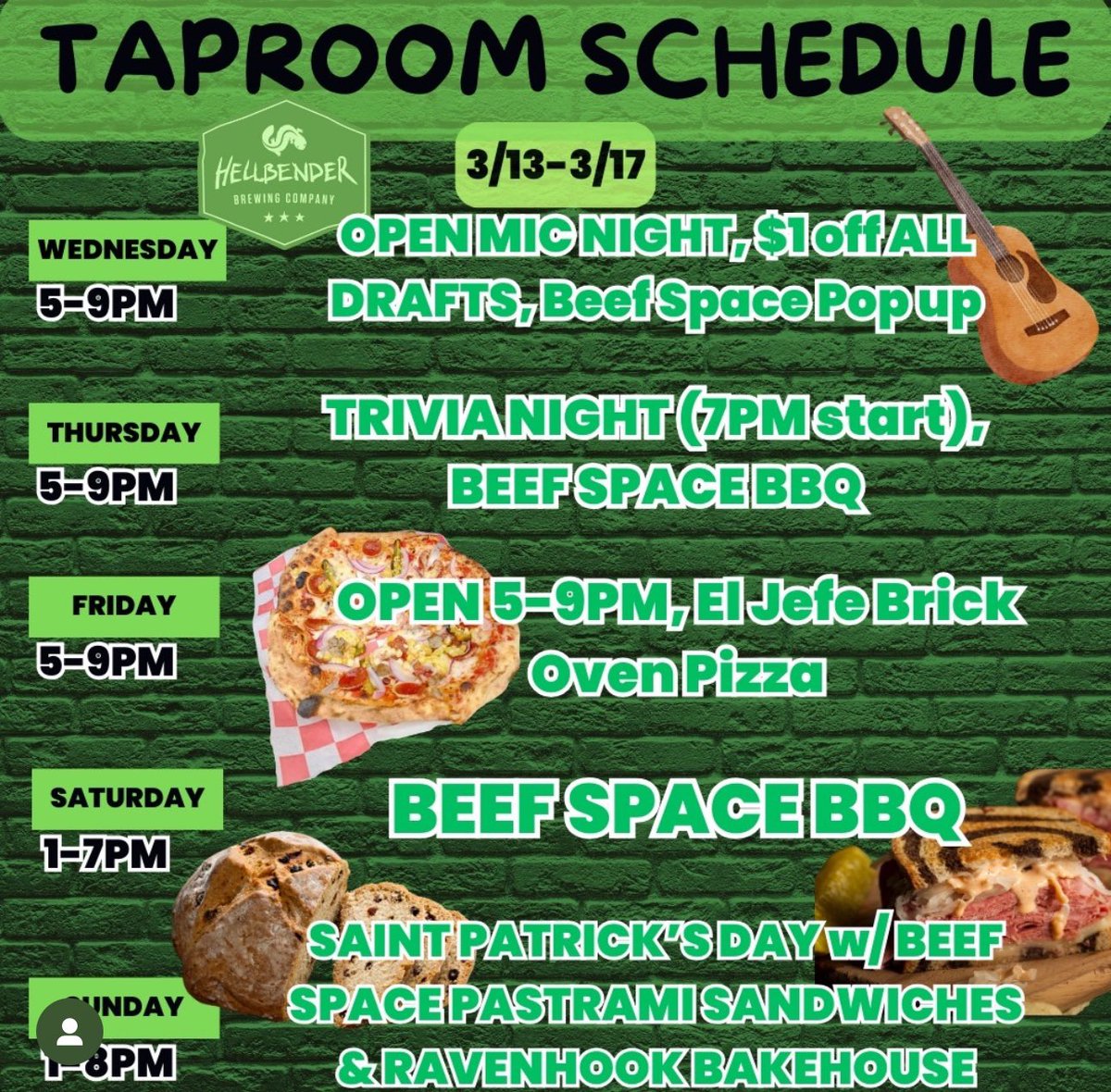 Beer, food, and events this week: We'll have the usual lineup of events through Sunday, at which point Ravenhook bakehouse will be here selling Irish soda bread and other baked goods. We'll also have pint specials all day, and Beef Space will have pastrami brisket ruebens!