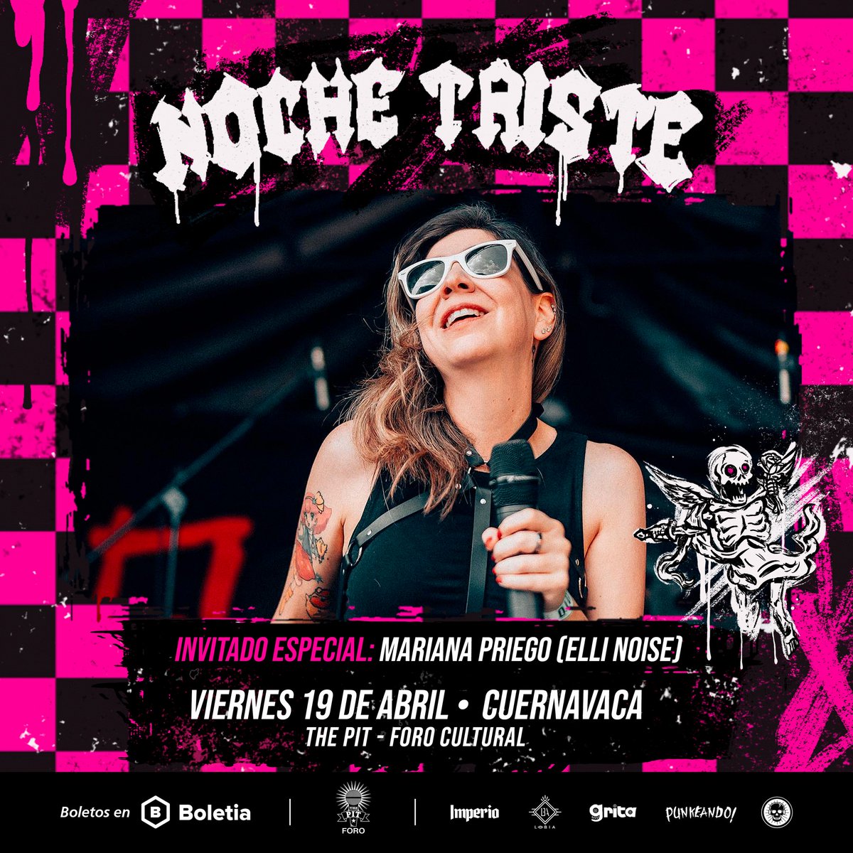 Mariana Priego de Elli Noise como invitada en las fechas de Cuernavca e Izcalli de Noche Triste! 

Viernes 19 de Abril Cuernavaca en The Pit 
Sabado 20 de Abril Izcalli en The Shamrock

Boletos a la venta a través de <a href="/boletia/">Boletia</a> en:
linktr.ee/nochetriste