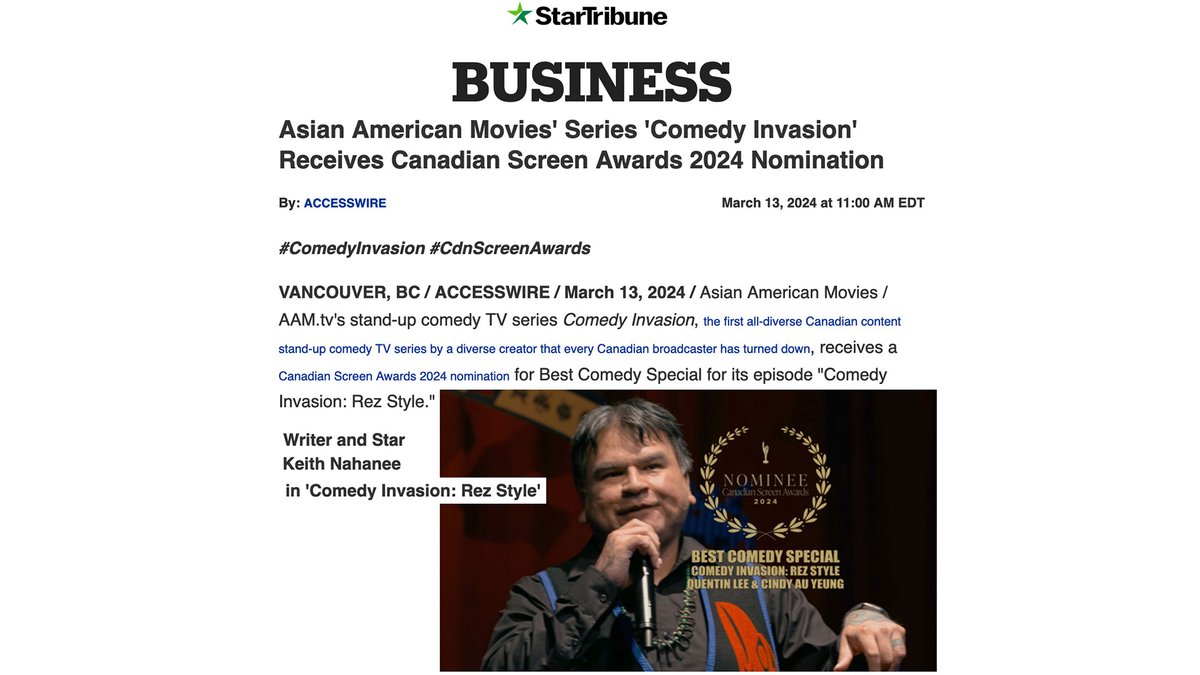 LeeQuentin's tweet image. For Your Consideration #CdnScreenAwards  2024: "Comedy Invasion: Rez Style" for Best Comedy Special. Watch now: comedyinvasion.ca #comedyinvasion #bestcomedyspecial @TheCdnAcademy  Read full article: markets.financialcontent.com/startribune/ar…