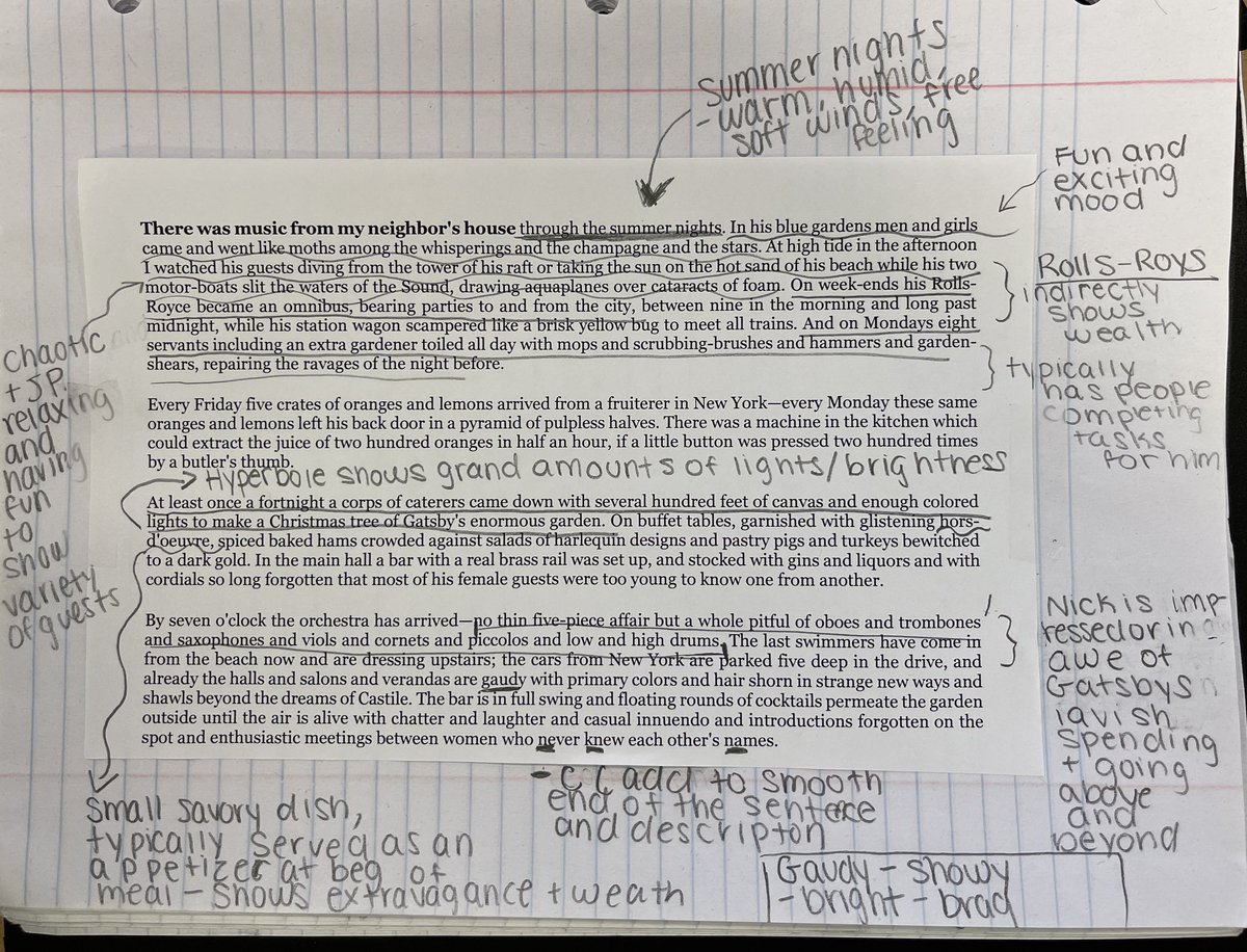 Today we tried an activity I called “Annotate the Heck Out of It” for the beginning of Gatsby Chapter 3. 10 rapid fire prompts for annotations!