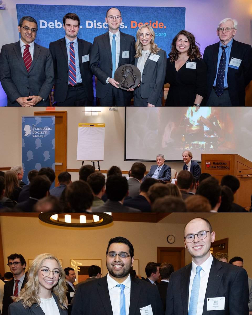 A fantastic symposium by our friends at @HarvardFedSoc last weekend on “Why Separate Powers?” Prof. Harrison spoke on the Judicial Power panel, Prof. @adityabamzai won the Jospeh Story Award, and we’re thrilled to have received our 5th Feddie—this time for Membership Growth!