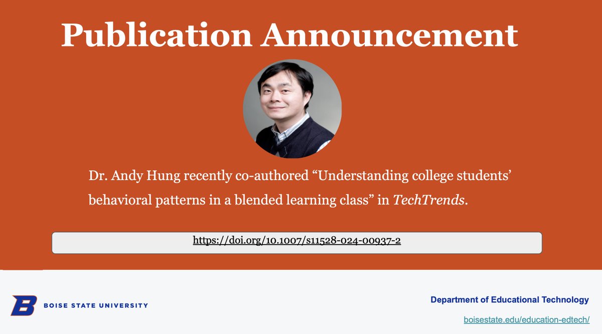 EDTECH@Boise State (@edtechbsu) on Twitter photo Dr. Andy Hung recently co-authored "Understanding college students’ behavioral patterns in a blended learning class” in TechTrends <a href="/AECTTechTrends/">TechTrends Editor</a> doi.org/10.1007/s11528… <a href="/edtechbsu/">EDTECH@Boise State</a> #edtech <a href="/OnlineBoise/">Boise State Online</a> Dr. Andy Hung recently co-authored "Understanding college students’ behavioral patterns in a blended learning class” in TechTrends <a href="/AECTTechTrends/">TechTrends Editor</a> doi.org/10.1007/s11528… <a href="/edtechbsu/">EDTECH@Boise State</a> #edtech <a href="/OnlineBoise/">Boise State Online</a>