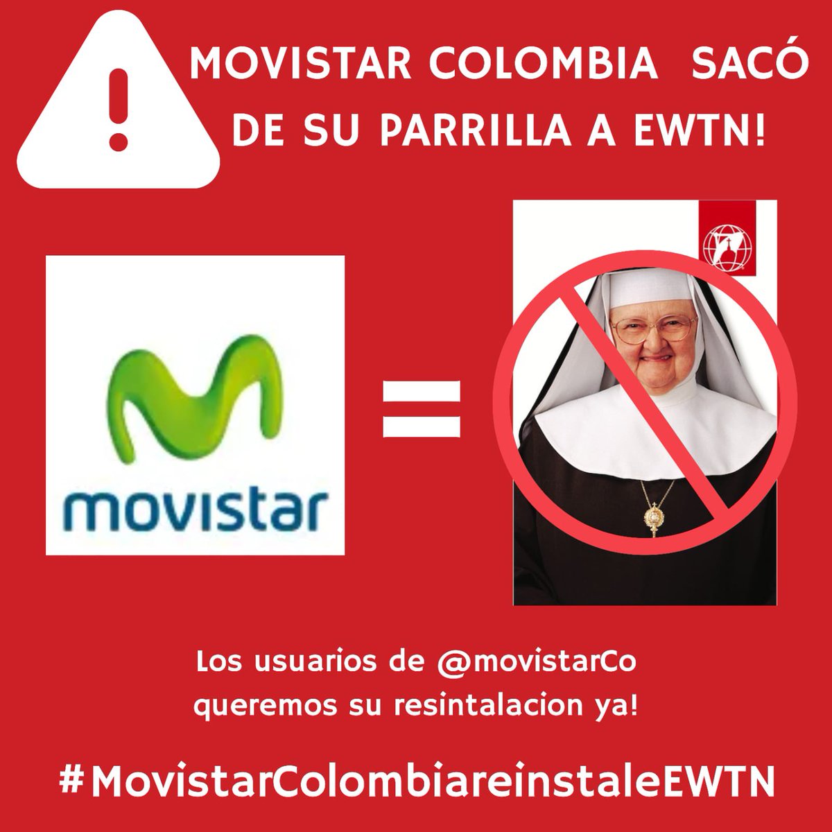 @juniorlondonoc3 @MovistarCo @JavierDGJM @EWTNespanol @MovistarCo los Colombianos demandan que #MovistarReinstaleEWTN‼️#NOTieneReemplazo y #EsGratis para la Señal‼️ @providadexvida @wiltamayo @tamayocollins @samuelangel