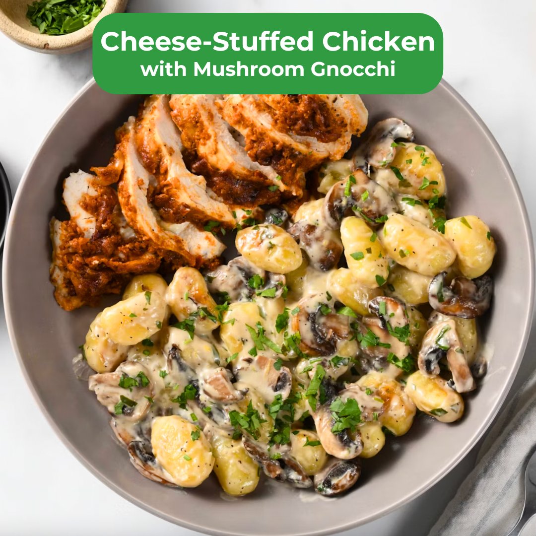 Get ready to melt over our Cheese-Stuffed Chicken served alongside pillowy Mushroom Gnocchi. It's a flavor adventure you won't want to miss! Order yours at the link in bio 👆