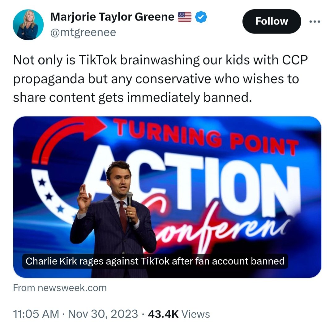 ShawnForGeorgia's tweet photo. Marjorie Taylor Greene was against Chinese Communist Party propaganda on TikTok before she was for it.

Retweet this quickly because MTG usually deletes her contradicting posts. https://t.co/WgRsEEOSxl