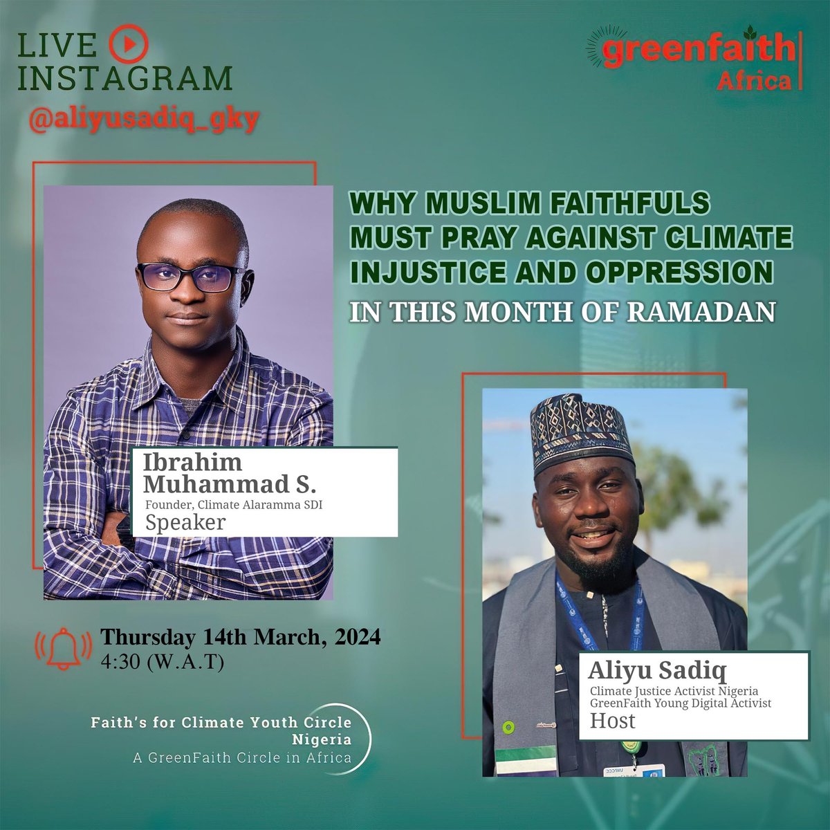 aliyusadiq_gky's tweet photo. “Eat of the good things provided by Allah for your sustenance, but commit no excess therein,” (Qur’an, 20: 81)

Allah has assigned man to be guardians of the Earth. However, human beings have become exploiters. 

Join us tomorrow on the #MCJS
#Faiths4Climate @GreenFaith_Afr https://t.co/07dWQzWxAt
