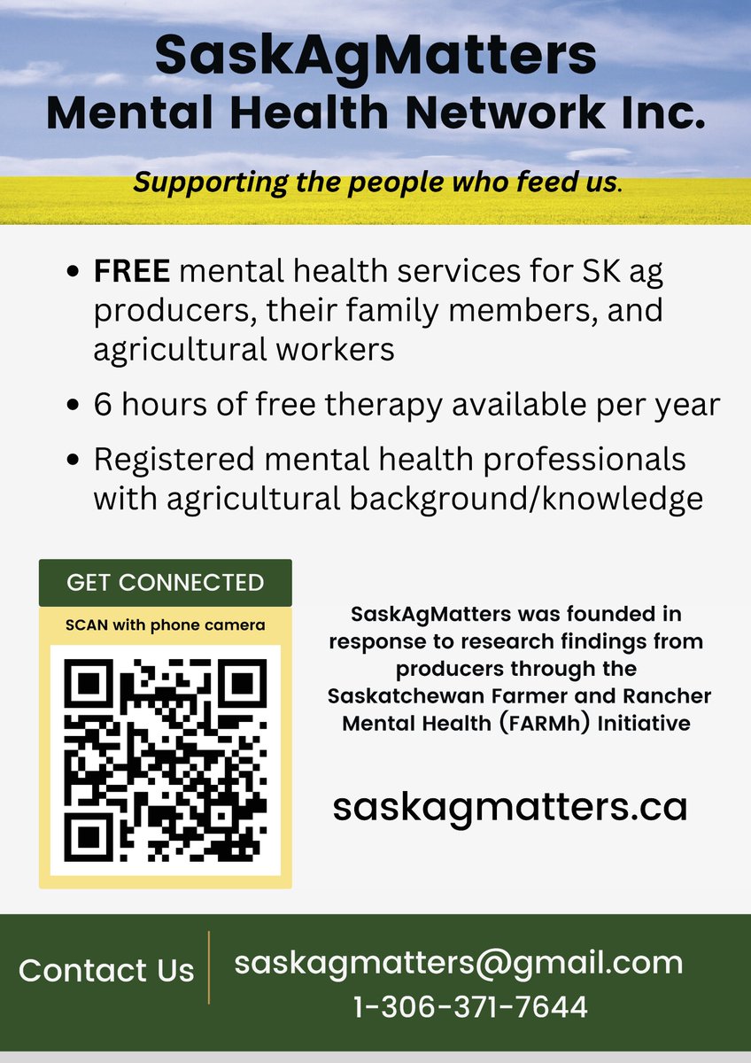 The well-being of our farmers is the seed of farm prosperity. It's our mission at the Network to ally with SaskAgMatters (<a href="/SKFARMh/">SkFARMh</a>), as we strive for #FarmSafetyEveryday. Together, we can support the people who feed us. <a href="/planfarmsafety/">CASA/ACSA</a> #FarmersHealth #MentalWellness #AgSafety