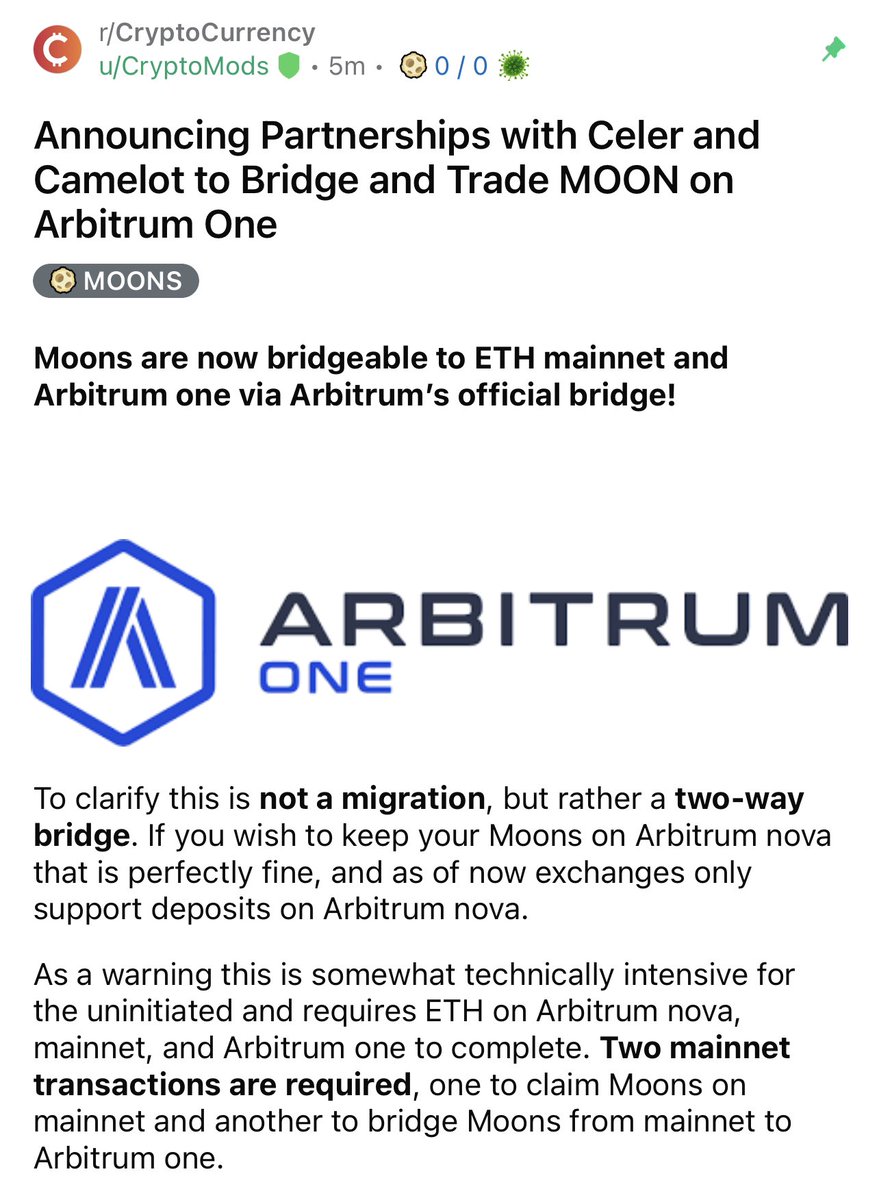 $MOON Launch on Arbitrum One! 𝗕𝗿𝗶𝗱𝗴𝗲 • Offical Arbitrum Bridge • Celer Network (on March 20th) 𝗗𝗘𝗫 • Camelot 𝗠𝗼𝗼𝗻𝘀 𝗬𝗶𝗲𝗹𝗱 𝗙𝗮𝗿𝗺𝗶𝗻𝗴 • 285,000 $CELR - cBridge LPs. • Undisclosed $GRAIL + $ARB Amounts - Camelot LPs. reddit.com/r/CryptoCurren…