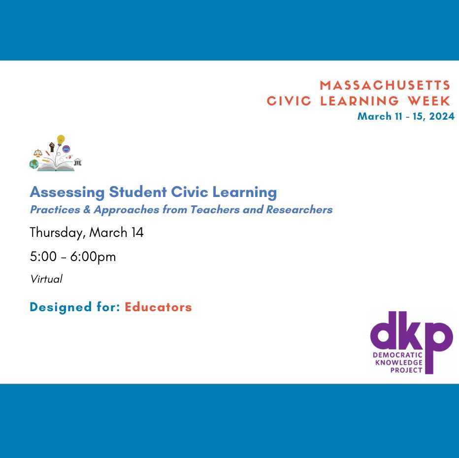 We loved celebrating #CivicLearningWeek in person today! Next, 2 special virtual events tomorrow 3/14: 1:30pm: Zoom with a Judge (grades 3-5) 5pm: Assessing Student Civic Learning (for educators) macivicsforall.org/clw2024 @DJCivics @DKPHarvard #MACivicLearning