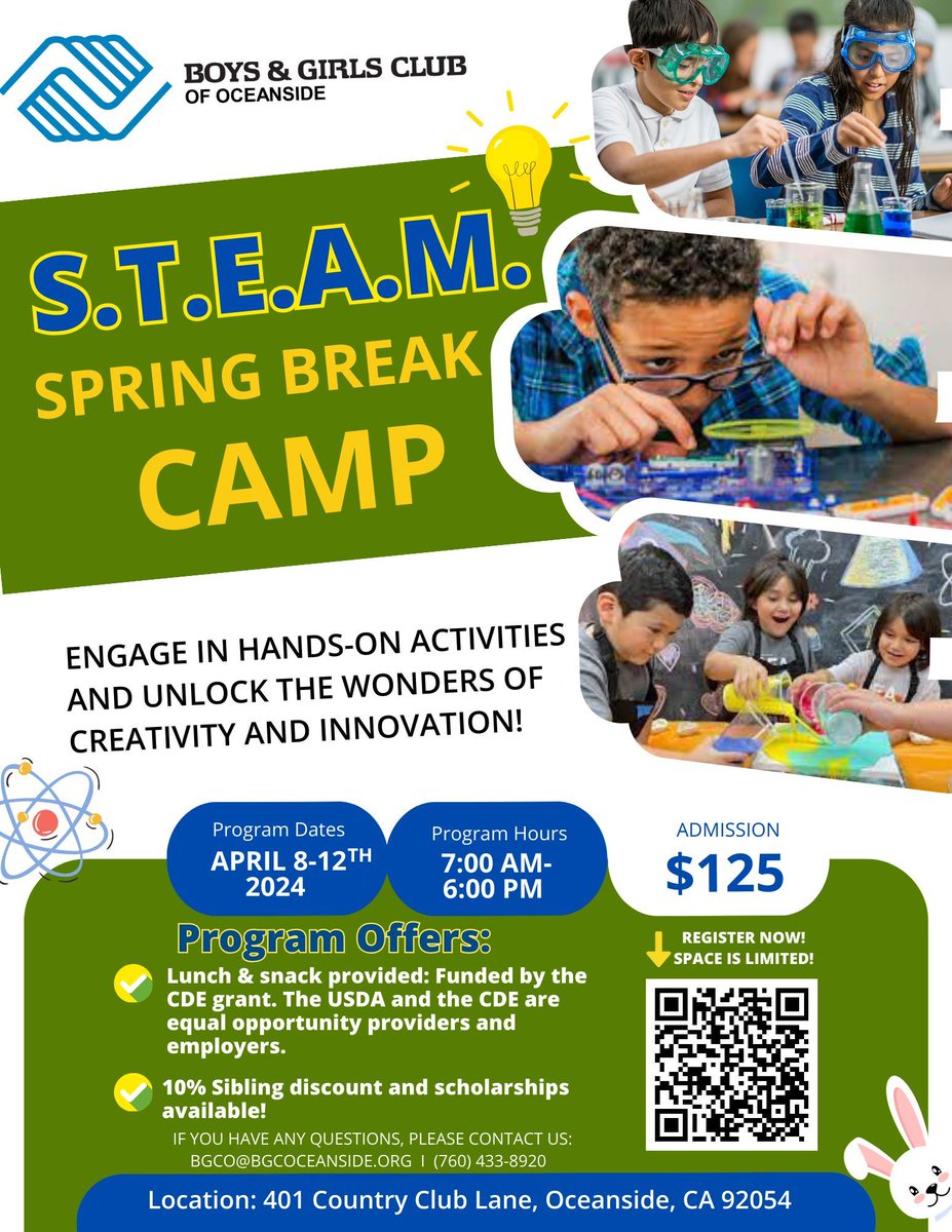 bgcgreatogether's tweet image. 🌷 Dive into exploration and creativity at Boys &amp;amp; Girls Clubs of Oceanside&apos;s Full S.T.E.A.M. into Spring Break program! Engage in hands-on activities exploring science, technology, engineering, arts, and math. Register now! 🌸 

#spingbreak #spring #fun #youth #oceanside #bgca