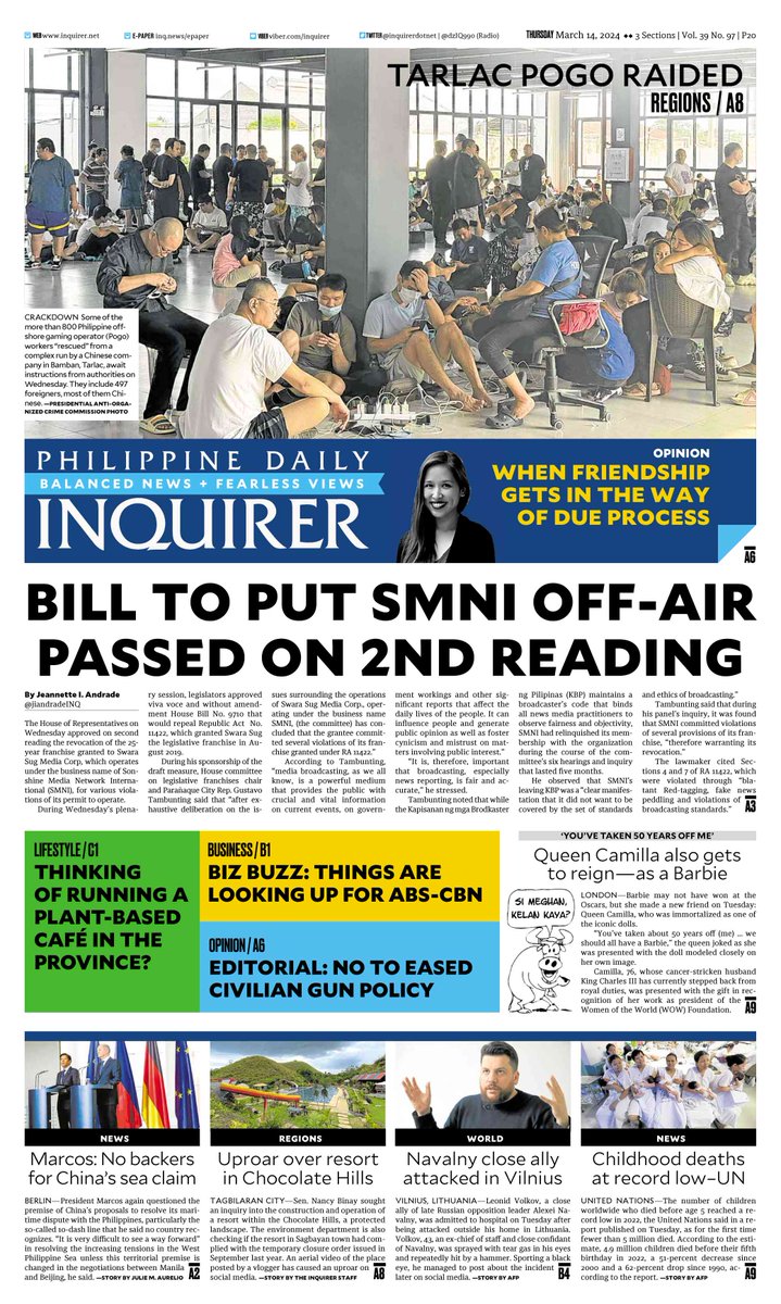 Today's Inquirer front page (March 14, 2024).

More at inq.news/plusfront6 📰#INQFrontPage