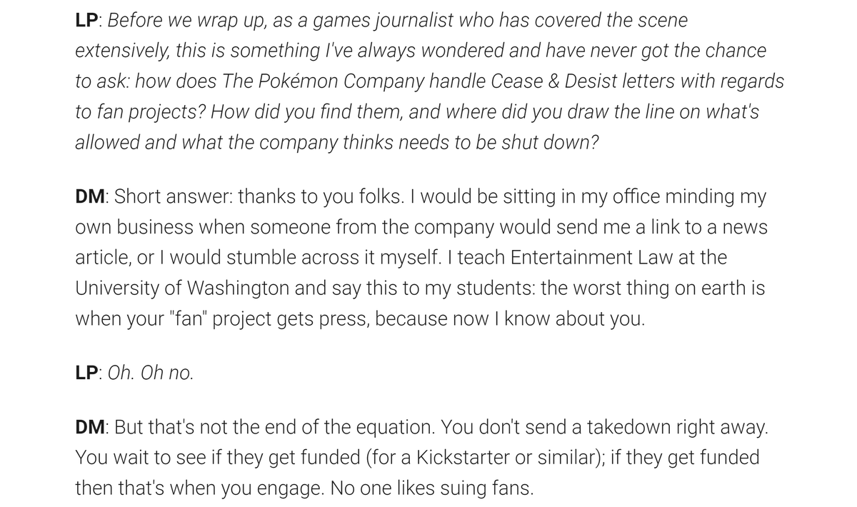 there's been debate over the years about how much articles from press harm under-the-radar fan projects based on popular series. according to pokemon's former chief lawyer, who <a href="/LukePlunkett/">Luke Plunkett</a> interviewed, the answer is: a lot

aftermath.site/pokemon-lawyer…