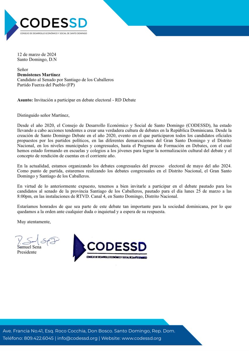 demostenesm's tweet photo. Por esta vía, comunicamos que hemos sido invitado a los debates organizados por @ANJE_RD y @codessd y que, en igual forma, aceptamos participar en ambos espacios porque creemos en la confrontación de las ideas para el fortalecimiento de la democracia, y entendemos que es un derecho que le asiste al pueblo, en especial a la provincia de Santiago. 
 
De esta forma, los electores puedan escuchar a sus posibles representantes ante el congreso y discernir de mejor manera.

 #HablemosDeSantiago #ComencemosPorTi 
@SIN24Horas @rcavada @Telenoticiasrd @TelemicroHD @estonoesradioTW @nuriapiera @Telematutino11R @ZOLFM1065 @PeriodicoHoy @despiertard13 @Matinal5 @hectorherrerac @elnuevodiariord @z101digital @DiarioLibre @ListinDiario @lainformacionrd @mananerord @elmismogolpe @yanesiEspinal