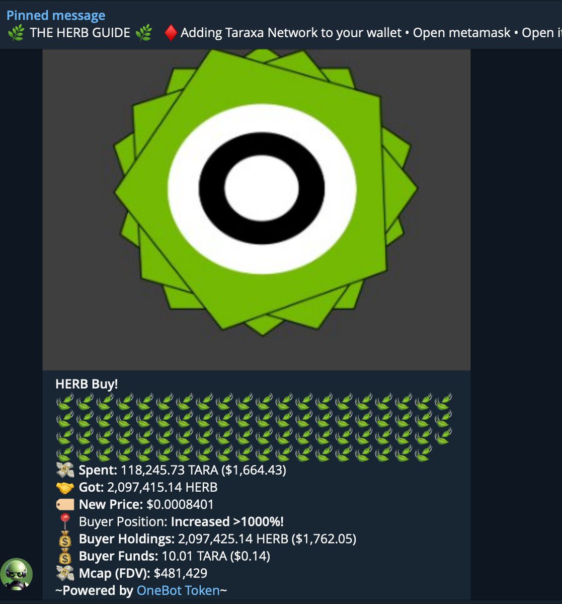 HerbSwap's tweet photo. Happy to announce that charts and a trading feed are now enabled in our tg channel, made possible by our friends at @taraxaonebot 🤝

$HERB $ONB

https://t.co/c3cmXqeDCa https://t.co/wVEwE7I7Jd