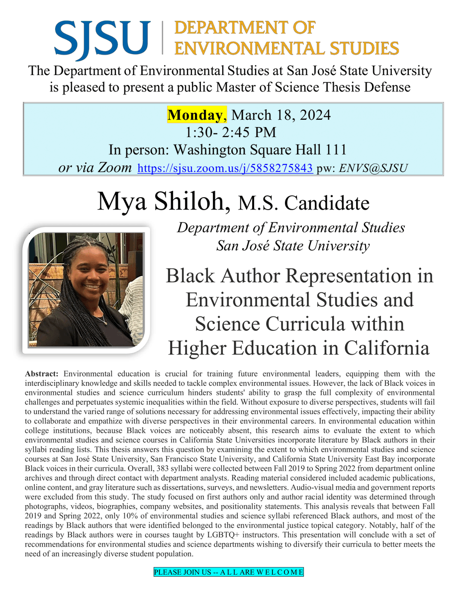 🌿 Join us for a groundbreaking event in environmental education! 🌍

The Department of Environmental Studies at San José State University proudly presents the public Master of Science Thesis Defense by Mya Shiloh, M.S. Candidate.🌱