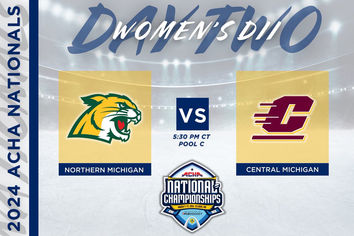 ACHAWomensD2's tweet image. 𝗣𝗢𝗢𝗟 𝗣𝗟𝗔𝗬 𝗚𝗔𝗠𝗘
🏒 Northern Michigan (away) vs. Central Michigan (home)
⏰ Time 5:30 PM CT
📍 Rink 1
🎥 flohockey.tv/events/1225333… @FloHockey 
#ACHANationals #ACHAW2