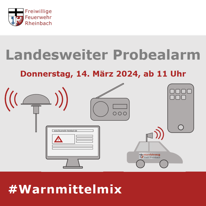 FF_Rheinbach's tweet photo. Heute ist es wieder soweit: landesweiter #Probealarm. Ab 11 Uhr wird neben #Sirene|n, #WarnApp|s, Meldungen in Radio, Fernsehen, Internet & Sozialen Medien auch #CellBroadcast zentral durch das Land ausgelöst. #Warnung #Warnmittelmix https://t.co/wEApNfNnaQ