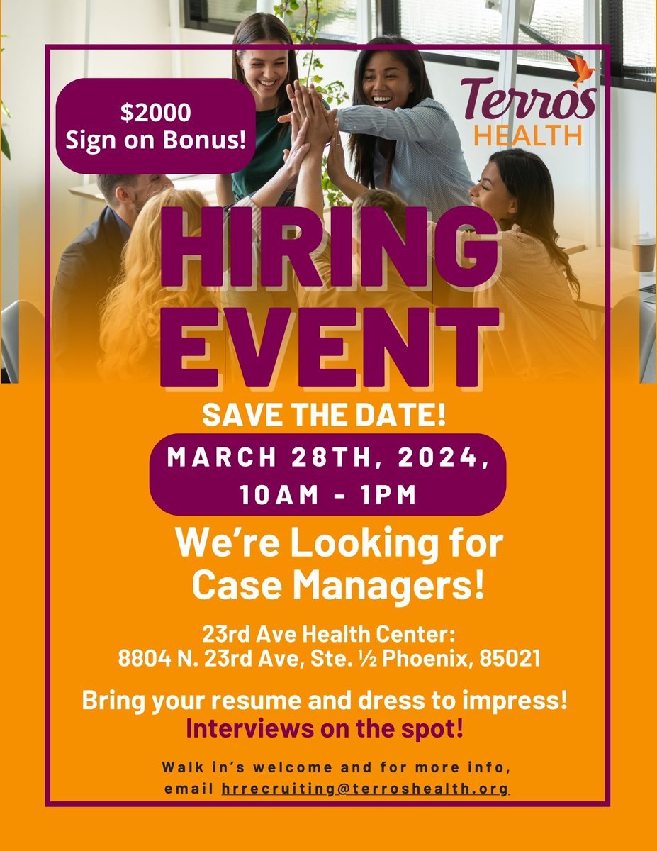 Calling all #behavioralhealth professionals! 🚨Come be a part of our 23rd Ave team! Open positions include: Case Managers, Rehabilitation Specialists, & Clinicians. Walk-ins welcome & RSVPs encouraged! RSVP at hrrecruiting@terroshealth.org. #phoenixjobs #healthcare #nonprofit