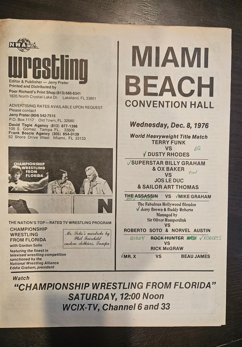 Miami 12/8/76 Bob Roop & Bob Orton Jr. were a tough team that held the Florida Tag Team Championship.