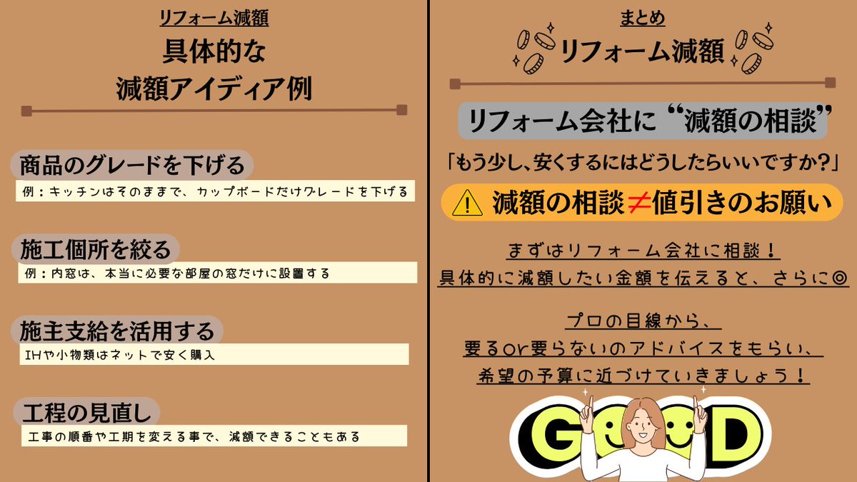 okmr_Reform's tweet image. リフォームの見積もりが出て
「えっ、ちょっと高くない？」
こんな経験ありませんか？
多分多くの人が共感してくれる事でしょう( *¯  ¯*)ﾑﾌﾌ

そんな時に『賢い減額のやり方』をリフォーム担当者目線でアドバイス💰

参考にしてみてねᝰ✍🏻

 #リフォーム  #値下げ交渉
 #企業公式相互フォロー