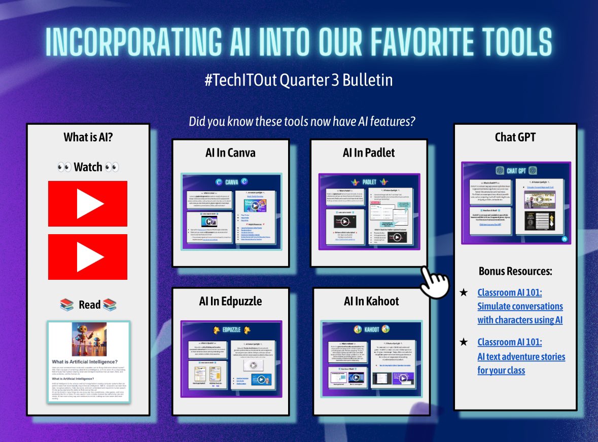 💻 The #TechItOut Quarter3 bulletin is here! 🥳🎉 @sassonek @_kimberly_p 💡This edition shines a 🔦 on the array of fantastic AI-infused tools available to our district. ✨We're excited to showcase platforms like @CanvaEdu @ChatGPTapp @edpuzzle @Kahoot @padlet