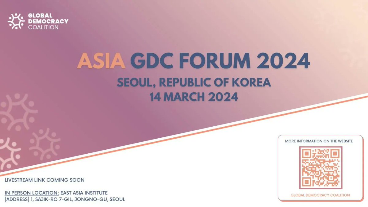Day 4 of the 2024 GDC Forum hosted by the Alliance for Vietnam's Democracy and @EAI_2002 will begin shortly! Join us in Seoul, ROK, or join online for insightful discussions on democracy, #S4D3, and more. Stay tuned for updates!

🔗globaldemocracycoalition.org/event/asia-gdc…

#GDCForum2024