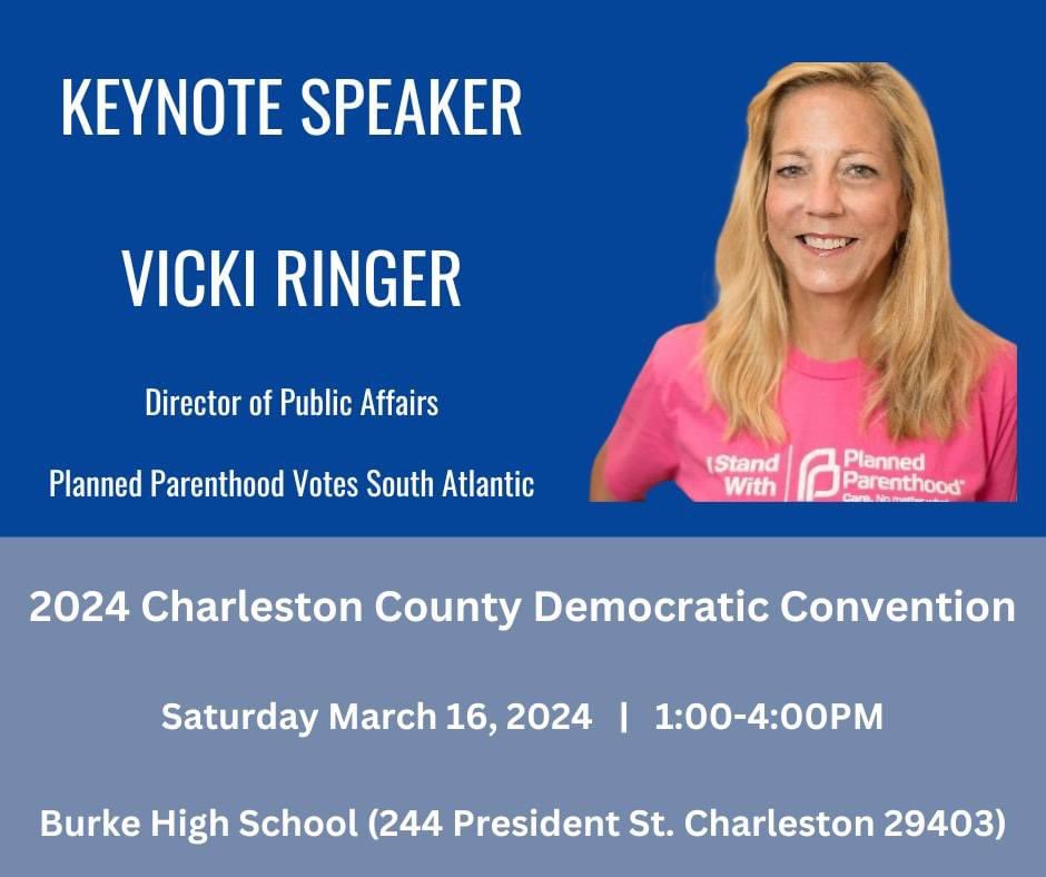 Excited to announce the keynote speaker of our County Democratic Convention, @vickiringer, Director of Public Affairs for @PPSATSC County Conventions are the most local organizing tool of our party. All Charleston Democrats are invited Saturday! RSVP: mobilize.us/scdp/event/594…