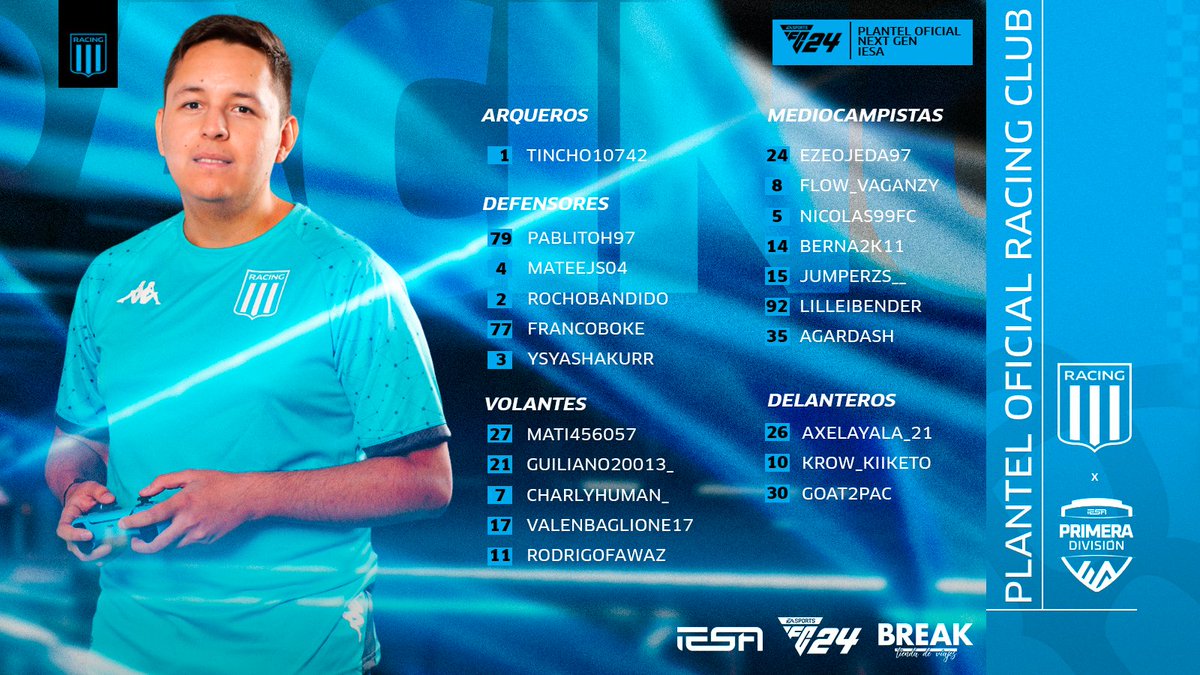 e_RacingClub's tweet photo. ¿SOY YO O NO SE ENTIENDE LA LISTA? ¡SOLO LEO BEEÉ BEEÉ BEE! 🐐🧊

El dia de hoy tenemos el gusto de presentarles al plantel que nos representará tanto en "La Superliga @IESAFIFAar" Como en "Copa IESA Argentina" NEXT-GEN

#VAMOSRACING 🎓 https://t.co/sHlO5nBfQF