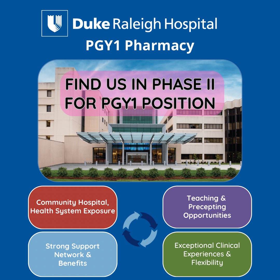 #TwitteRx We have 1 PGY1 position at Duke Raleigh Hospital available in Phase II of the match. Please share with candidates who are looking for a great well rounded PGY1!