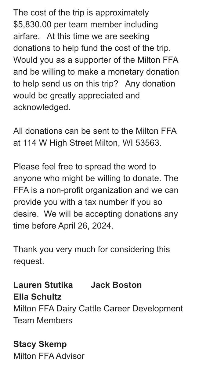 Please help us spread the word about this awesome opportunity! We are currently seeking sponsorship to help cover the cost of the trip for these students. Reach out to Stacy Skemp with questions skemps@milton.k12.wi.us or 608-868-9300 ext. 1315.