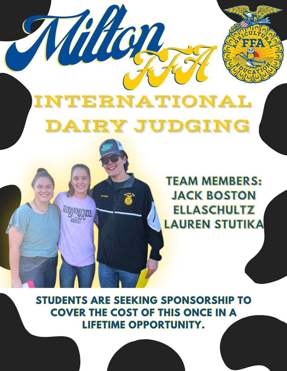 Milton_FFA's tweet photo. Please help us spread the word about this awesome opportunity! We are currently seeking sponsorship to help cover the cost of the trip for these students. Reach out to Stacy Skemp with questions skemps@milton.k12.wi.us or 608-868-9300 ext. 1315. https://t.co/HgWngs8Ojt