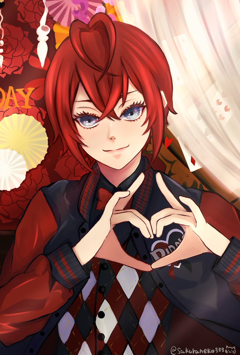 heart heart hands 1boy crown male focus solo red hair  illustration images