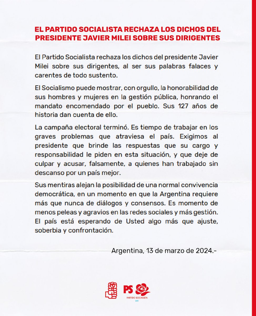 🌹| Compartimos la posición del <a href="/ps_argentina/">Partido Socialista</a>, ante los dichos del Presidente Javier Milei, cuestionando la honestidad y transparencia de sus dirigentes.