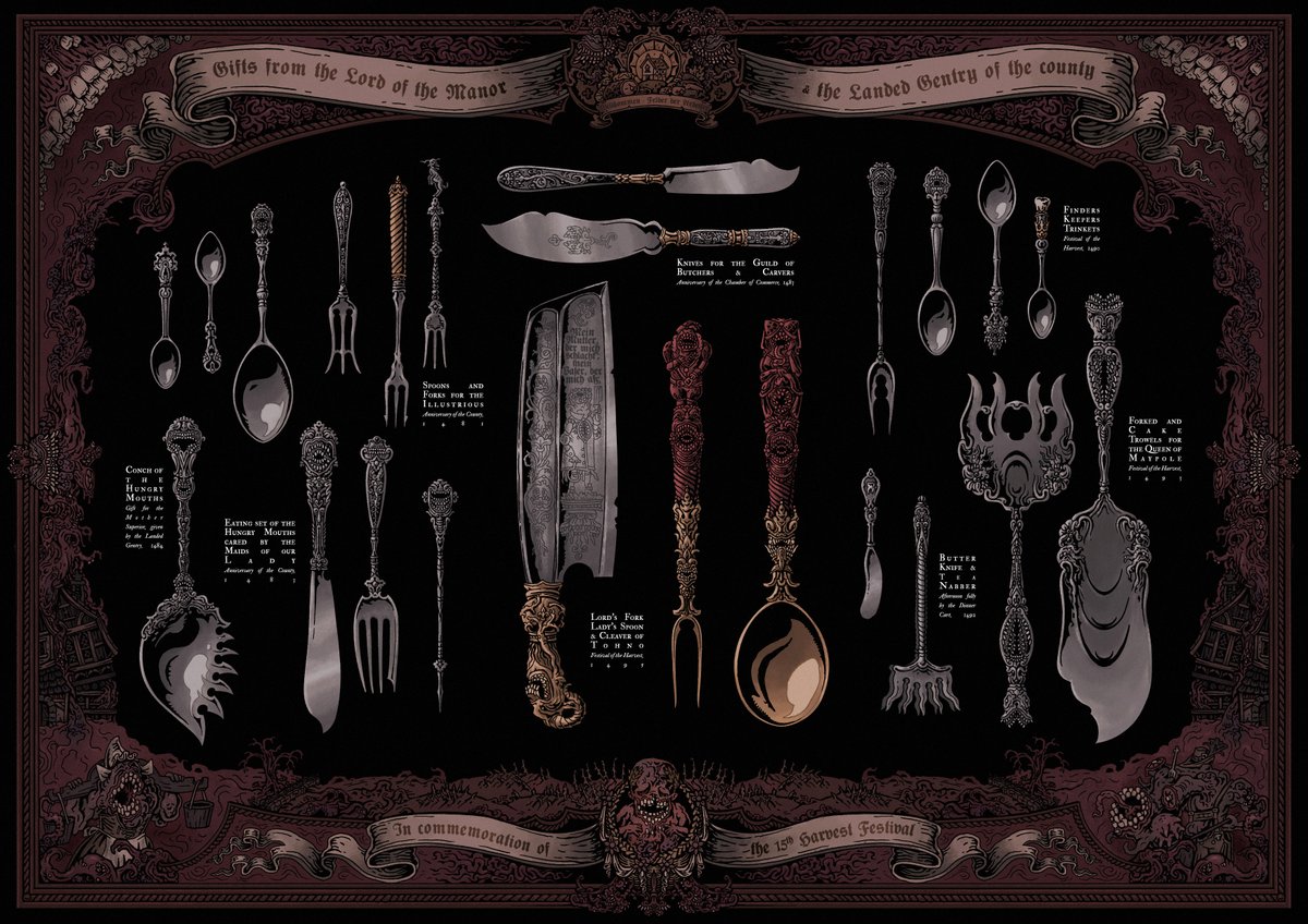 muccegai's tweet photo. "𝕿𝖗𝖎𝖓𝖐𝖊𝖙𝖘 𝖆𝖓𝖉 𝖇𝖆𝖚𝖇𝖑𝖊𝖘, 𝖕𝖆𝖎𝖉 𝖋𝖔𝖗 𝖎𝖓 𝖇𝖑𝖔𝖔𝖉!"
Finally can post my entry for The Mountains &amp; the Valleys @DDZine23 , a @DarkestDungeon zine where I produced the trinkets of evil from the Gentry of the Foetor... https://t.co/9RfAbwmJWr