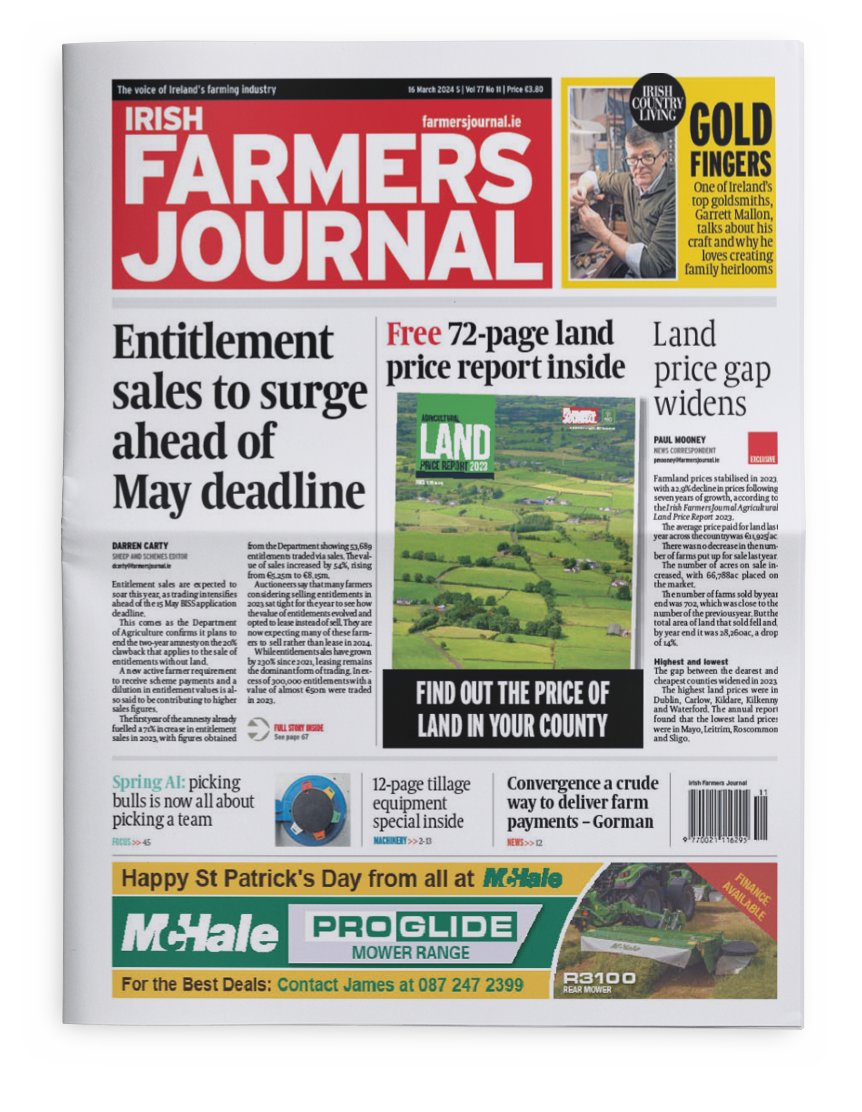 In this week's Irish Farmers Journal, we have our free 72-page land price report as we reveal a growing gap in land prices across the country. Plus, the latest on land entitlements and just how much the weather is costing farmers. On sale now.