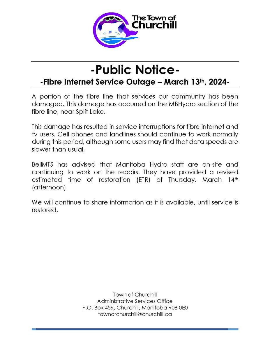 Public Notice - Internet Service Outage - March 13, 2024 The Administration Services Office remains open, and can accept payments in the form of cash or cheque. Debit and credit card payments are unavailable at this time.
