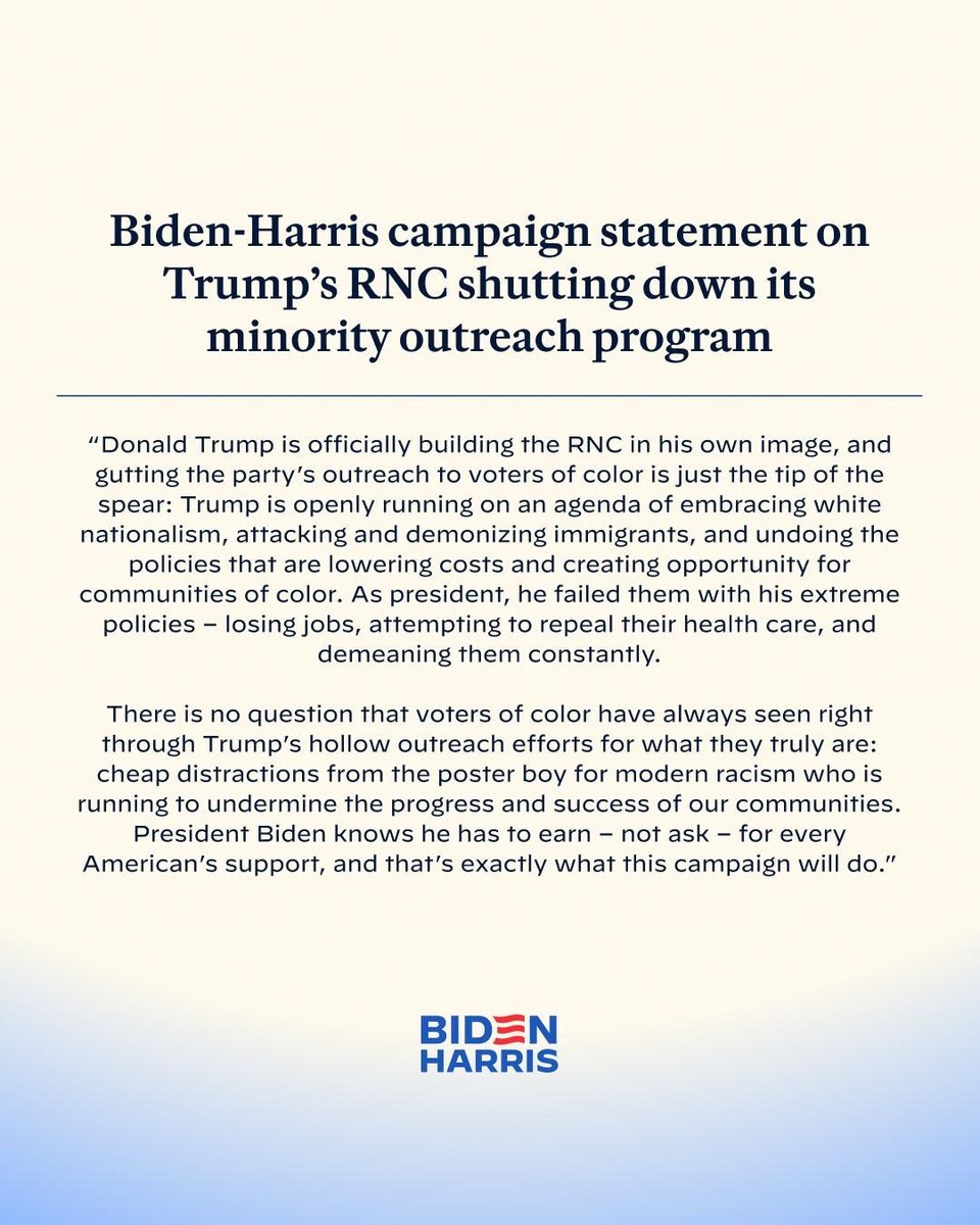 Biden-Harris campaign statement on Trump taking over the RNC and immediately shutting down its minority outreach program
