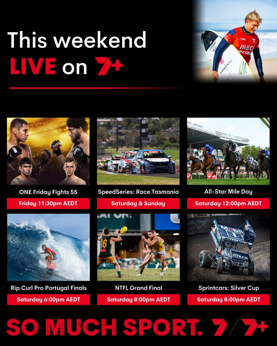 Check out the sports streaming live and free on @7plus this weekend! 📺 Read all about it here 👉 7sport.link/3wTXZP8