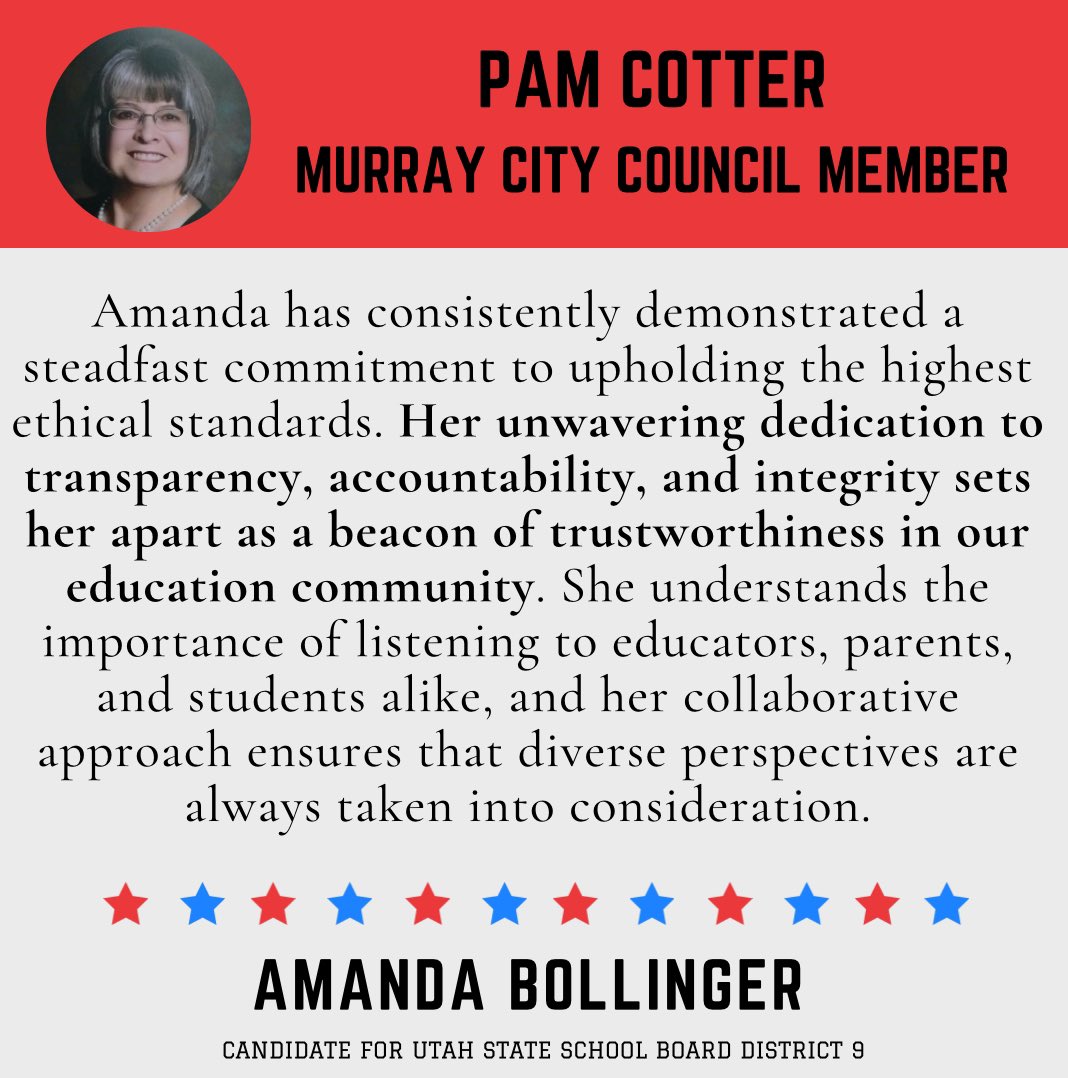 DrABBollinger's tweet photo. 📣🇺🇸Endorsement Alert!🇺🇸📣 Pam Cotter, Murray City Council Member, endorses Amanda for Utah State School Board! #elevateeducationinutah https://t.co/NldPq4zqkR