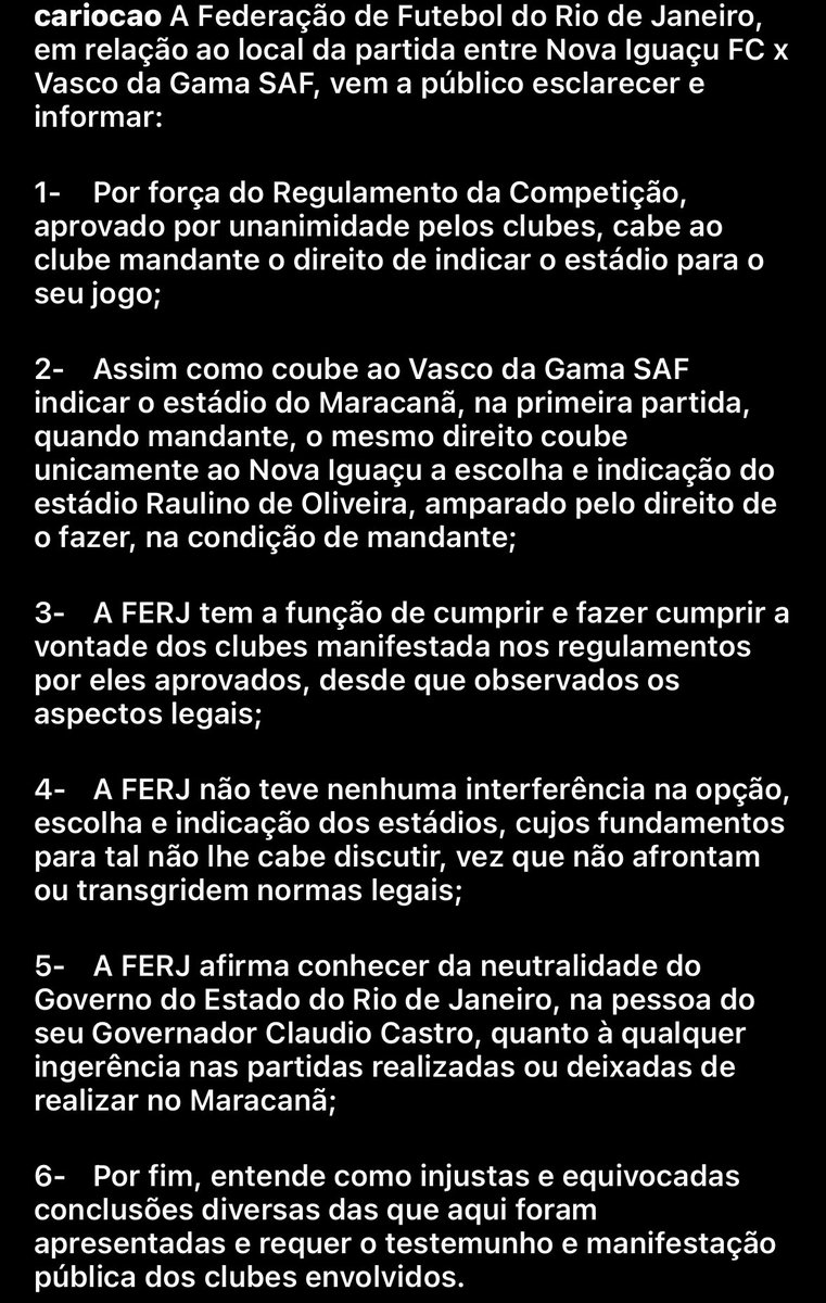 venecasagrande's tweet photo. A Ferj se manifestou sobre a decisão do local do jogo entre Nova Iguaçu x Vasco, domingo, pela semifinal do Carioca. https://t.co/Lz49M3A65q